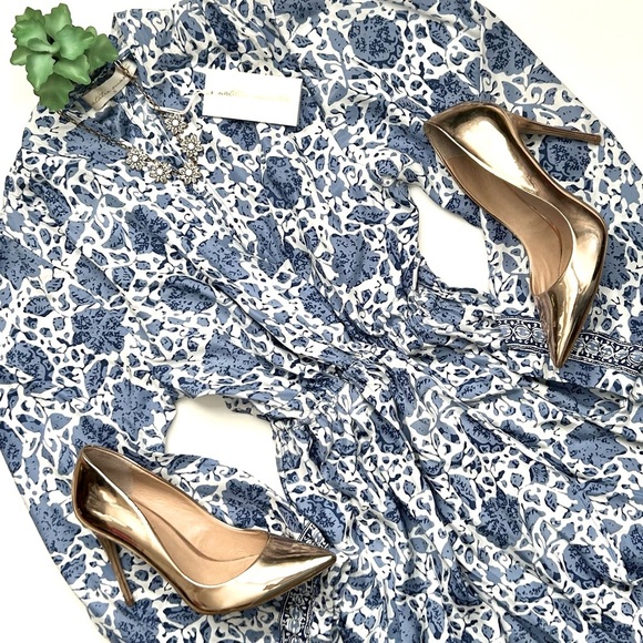Natalie Martin Nico Long Sleeve Silk Mini Dress Wrap Blue White Floral Sz S NWT - Picture 1 of 16